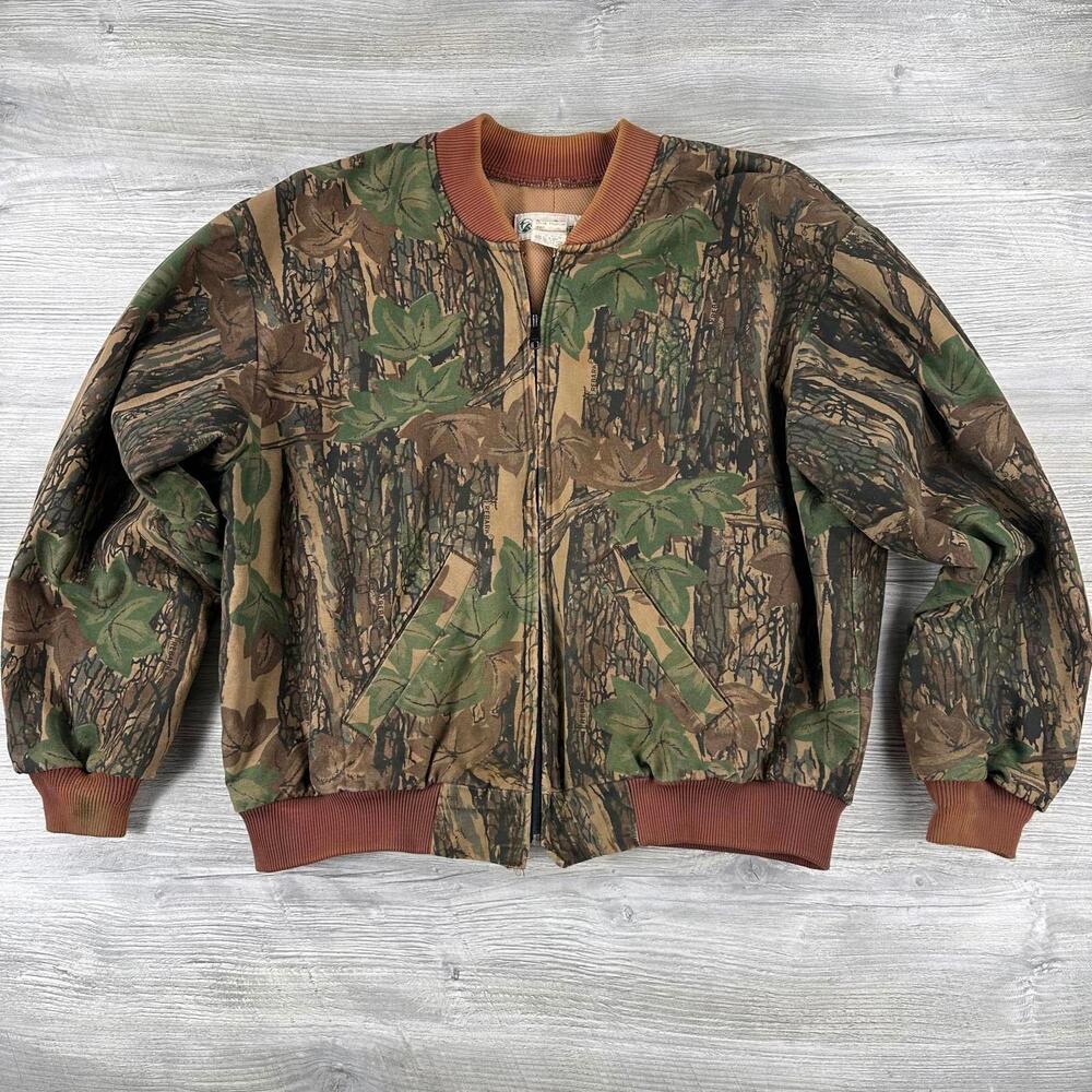 VTG Trebark Camo Bomber Jacket Mens Large Green Thermo Lined Made in USA Gander - Picture 1 of 7